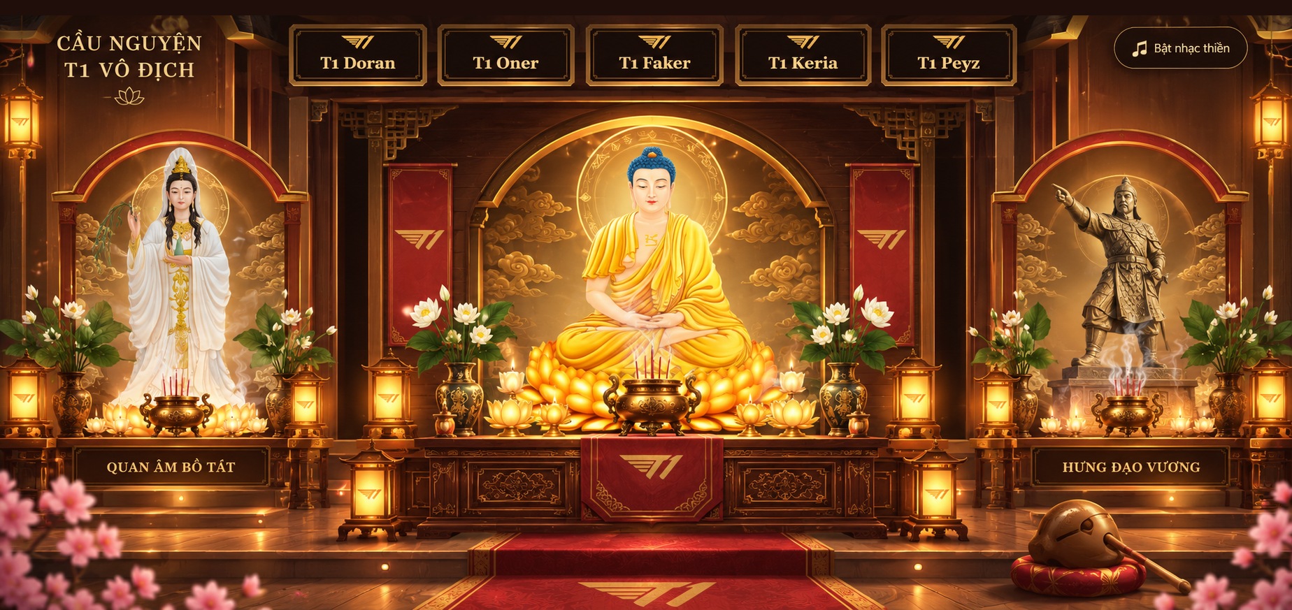 Chính điện với ba khu thờ, năm bảng tên tuyển thủ T1 và mõ đặt bên phải, bố cục trang nghiêm màu đỏ vàng